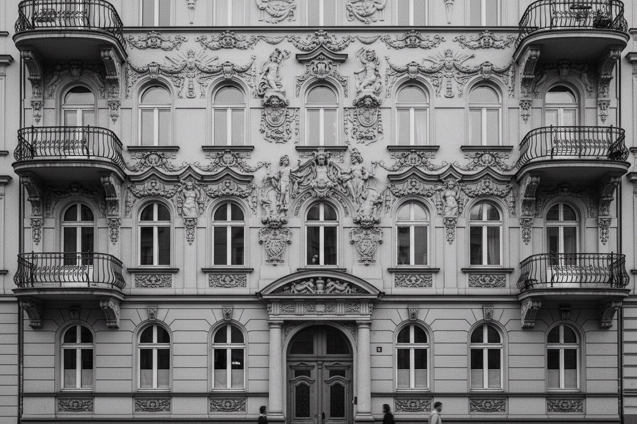 Eine kunstvoll verzierte Altbaufassade mit Balkonen und Stuckarbeiten in Schwarz-Weiß.