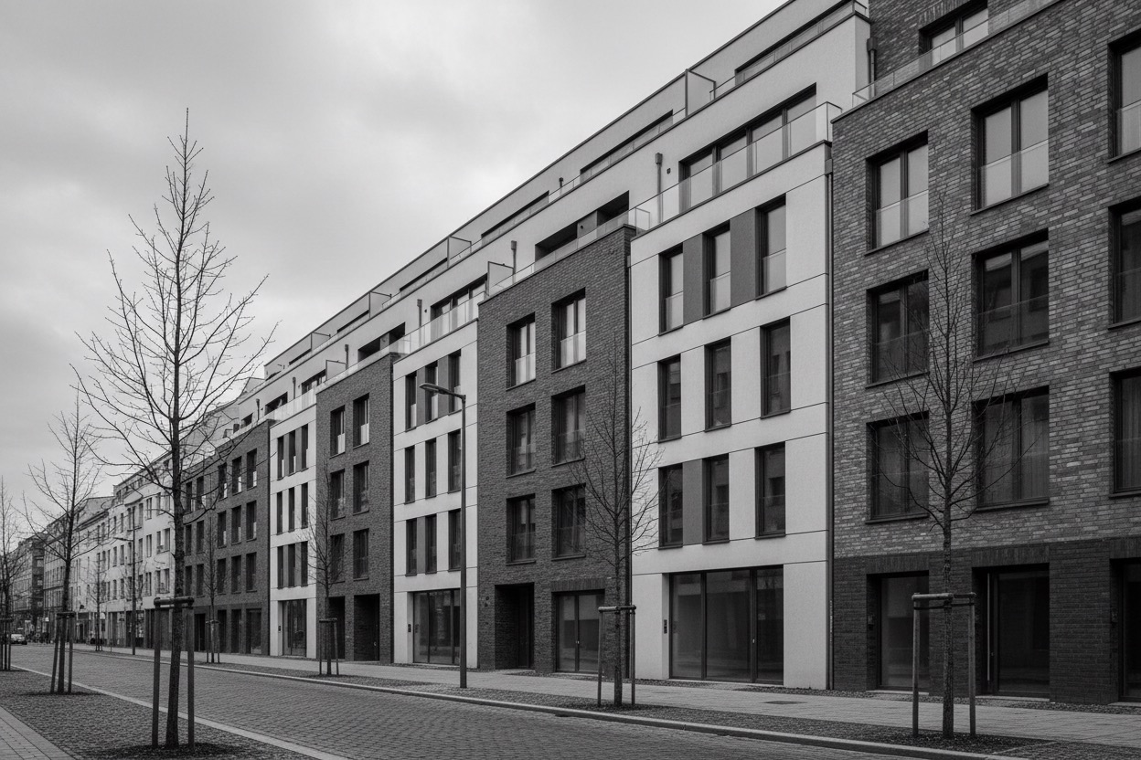 Eine schwarz-weiß Fotografie einer Straßenseite mit modernen Wohngebäuden, Klinkerbauten und kahlen Bäumen am Bürgersteig unter bewölktem Himmel.